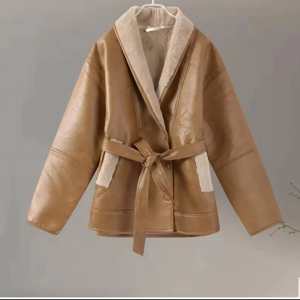 Winter Thick Plush Women PU Leather Jackets With Belts - Picture 8 of 10